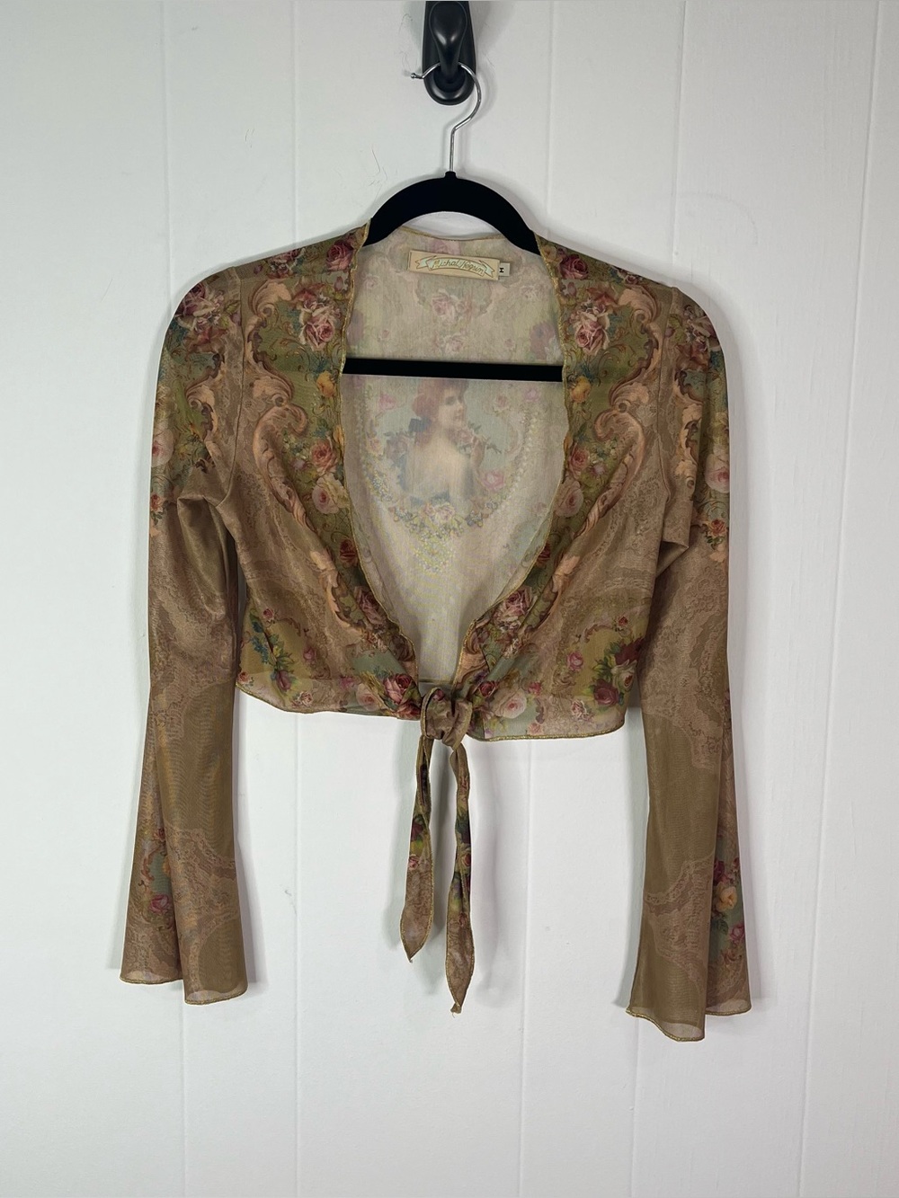 Michal Negrin Floral Portrait Sheer Mesh Bolero Top Sz M Made Israel Victorian - Picture 2 of 11